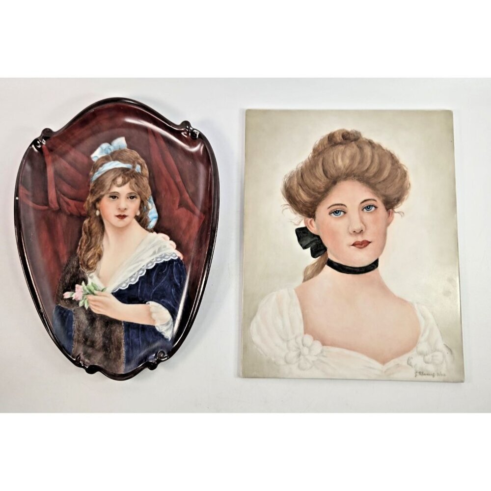 Vintage Painted Portrait Ceramic Tiles Signed Phaneuf 1992 Victorian Women
